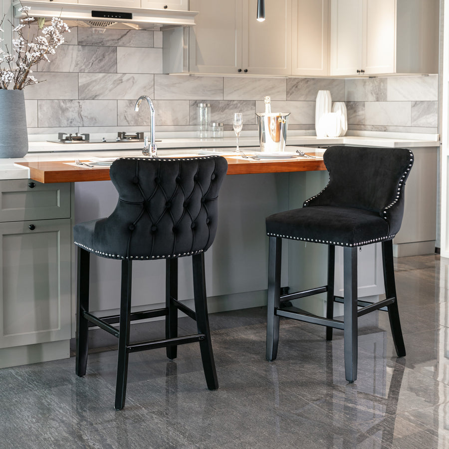 Black Velvet Tufted Nailhead Trim Bar Stool with Silver Legs (Set of 2)