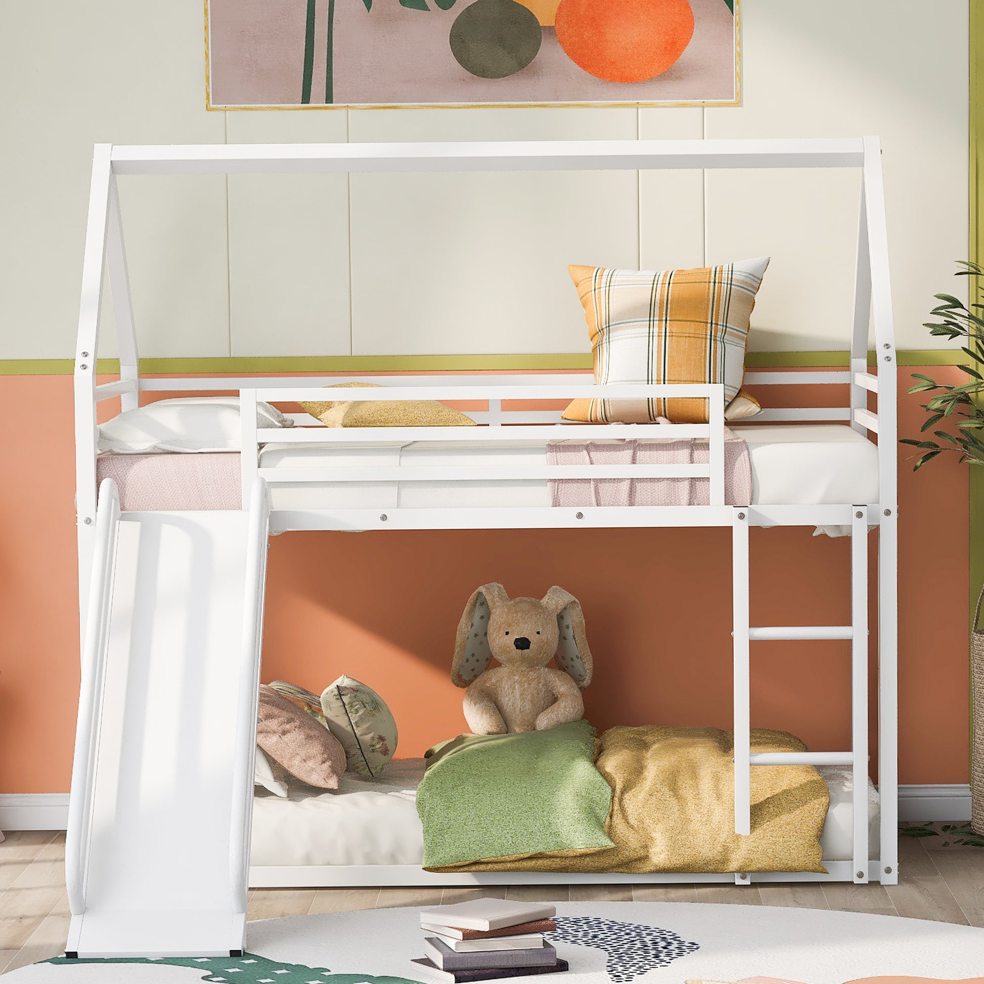 Collins Twin over Twin House Bunk Bed with Ladder and Slide,White