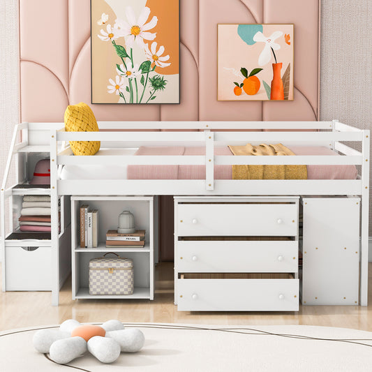 Full Size Loft Bed with Retractable Writing Desk and 3 Drawers - White - primary color shot