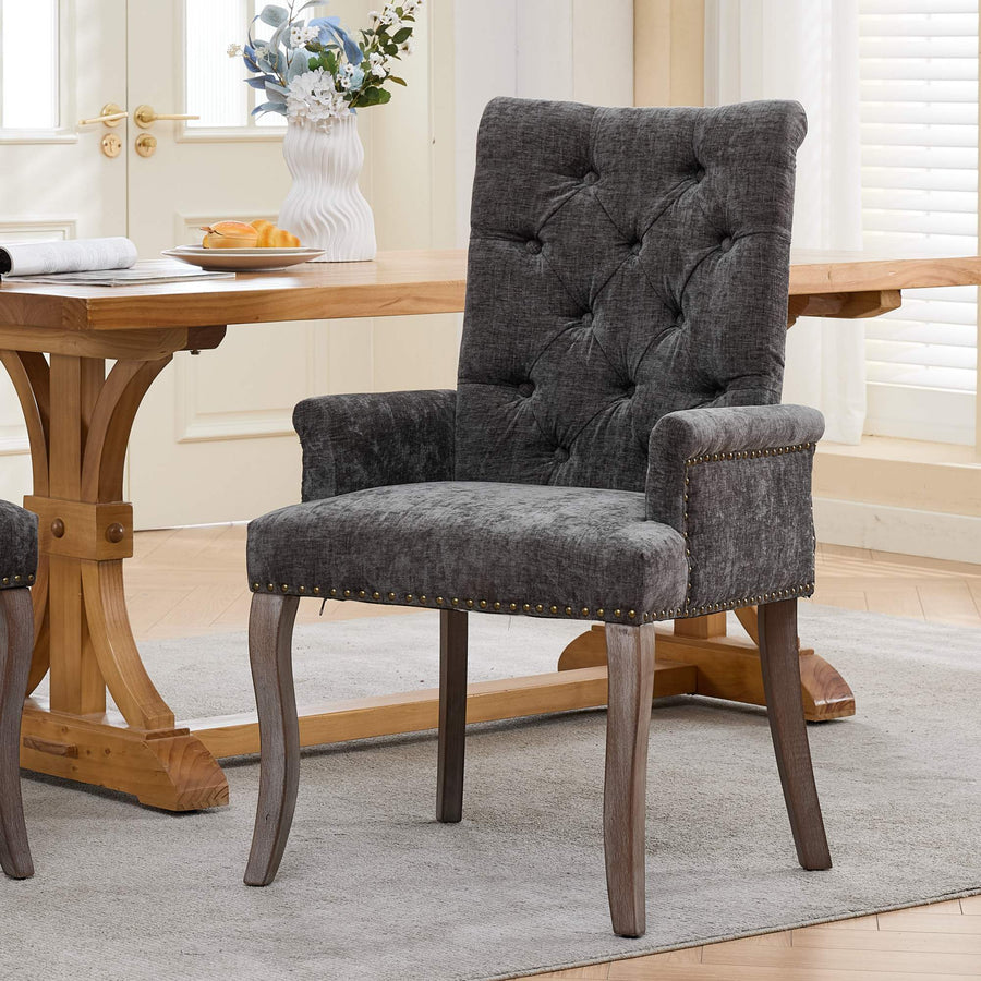 Gray Chenille Tufted Dining Chair with Wood Legs (1)