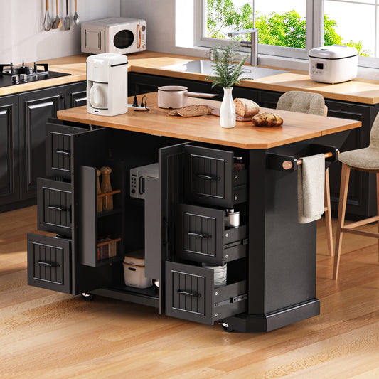 K&k 56" Kitchen Island with Rubber Wood Veneer Drop Leaf - Black - primary color shot