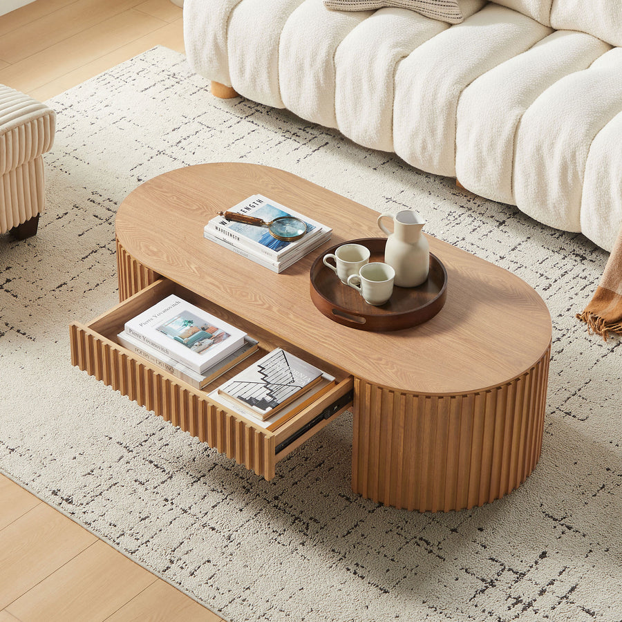 51.18'' Oval Wood Coffee Table with Drawer Mid Century Modern Coffee Table Unique Coffee Table - Oak - detail view 3