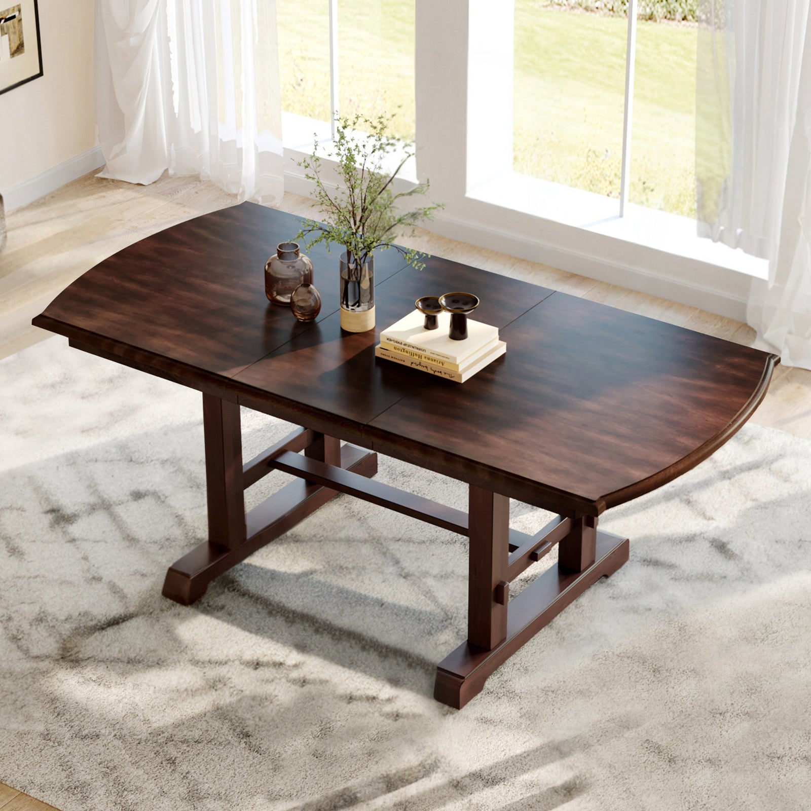 59'-77' Extendable Dining Table, Farmhouse Wooden Kitchen Table with Removable Leaf, Large Expanding Table for 4-8 (cherry) - primary color shot