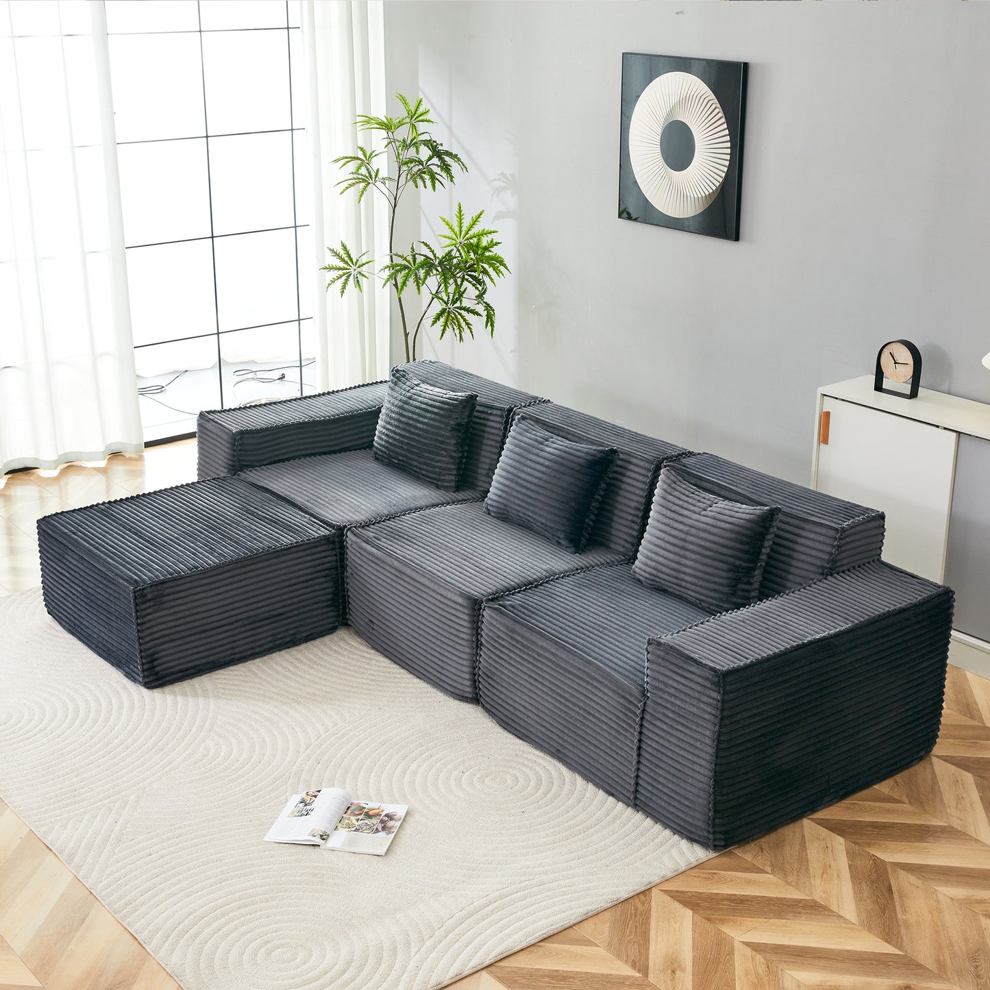 L-Shaped Modular Sectional Sofa, 3-Seater with Ottoman, Striped Corduroy Fabric, High-Density Foam For Home, Apartment, Office (Dark Gray) - primary color shot