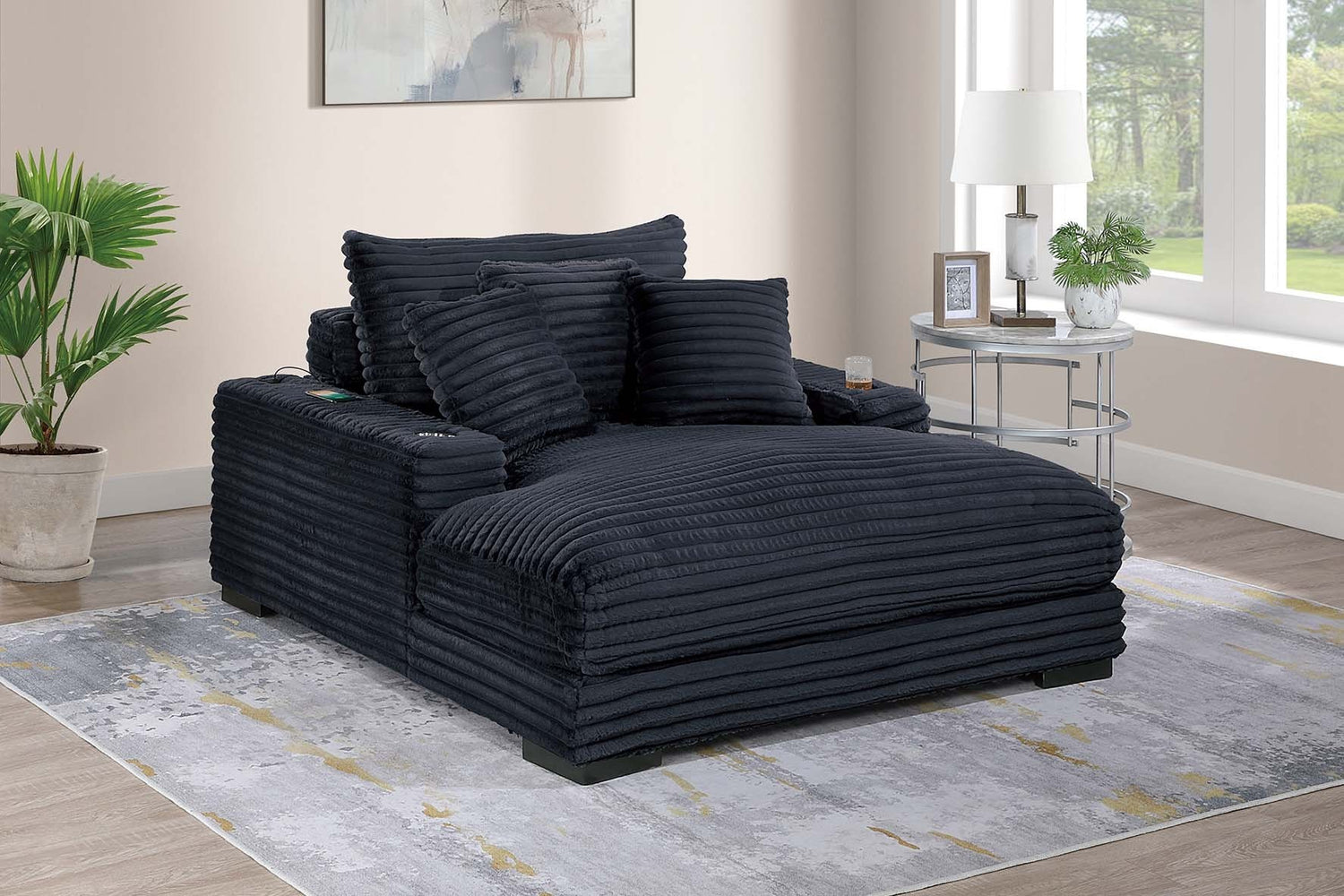 Modern Chaise Lounge W 2/ Cup Holders USB Ports Black Corduroy Wooden Legs Pillows Plush Couch Sofa Chaise - primary color shot