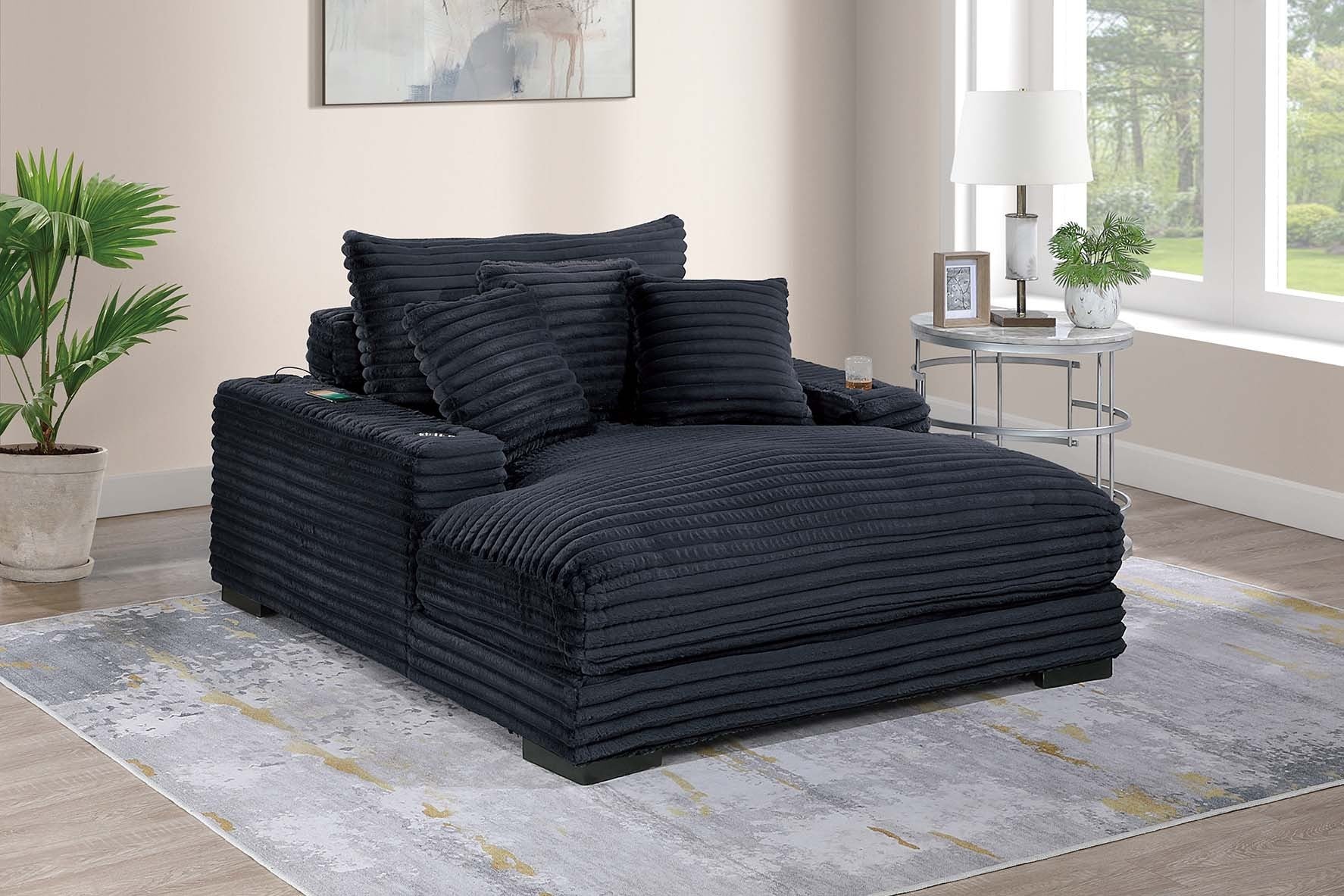 Modern Chaise Lounge W 2/ Cup Holders USB Ports Black Corduroy Wooden Legs Pillows Plush Couch Sofa Chaise - primary color shot