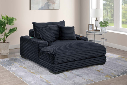 Modern Chaise Lounge W 2/ Cup Holders USB Ports Black Corduroy Wooden Legs Pillows Plush Couch Sofa Chaise - primary color shot