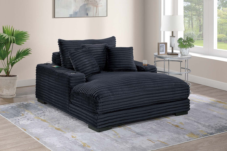 Modern Chaise Lounge W 2/ Cup Holders USB Ports Black Corduroy Wooden Legs Pillows Plush Couch Sofa Chaise - primary color shot