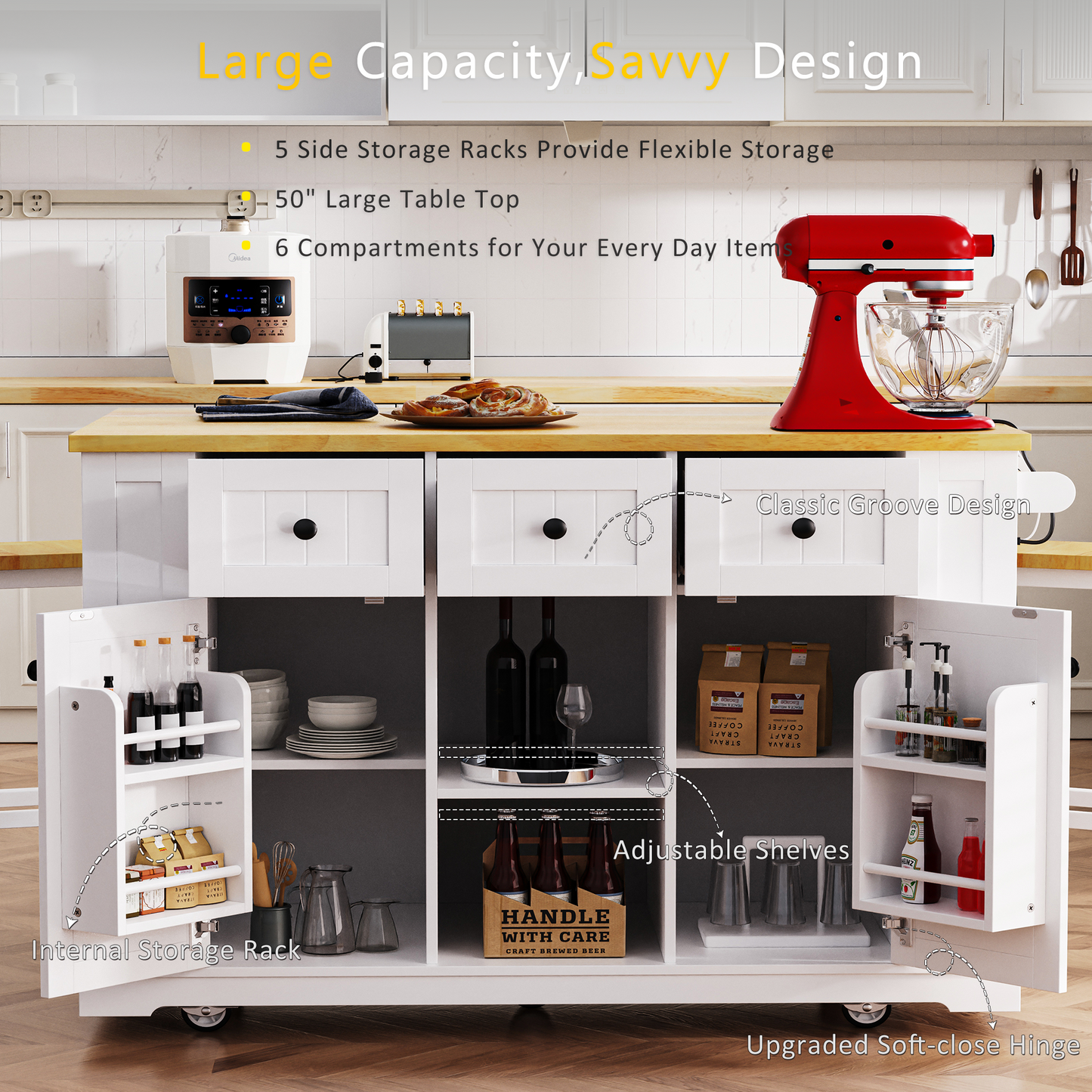K&k 53" Large Kitchen Island with 2 Bar Stools - White - detail view 5