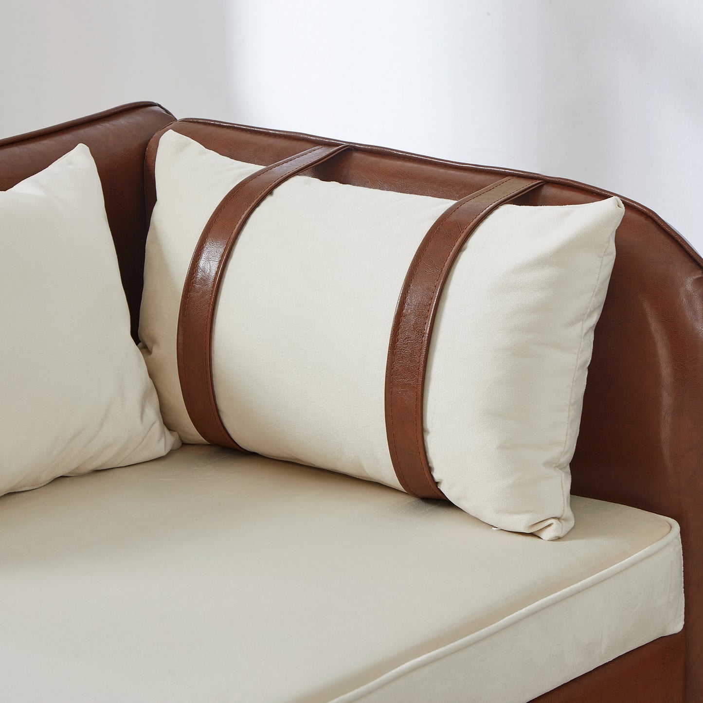 65" Storage Chaise Lounge Sofa Brown PU & Beige Velvet - detail view 6