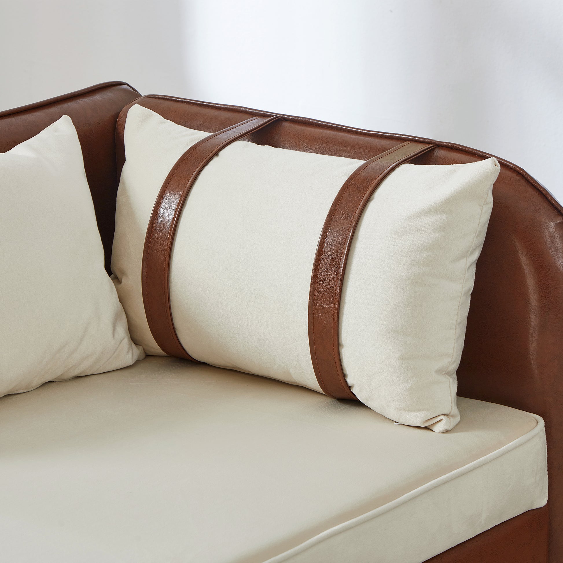 65" Storage Chaise Lounge Sofa Brown PU & Beige Velvet - detail view 6