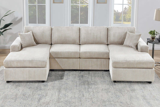 Modern Design Sectional Set 3pc Armless Loveseat Two Matching Pillow Right Arm And Left Arm Chaise Ivory Finish Primary Living Room - primary color shot