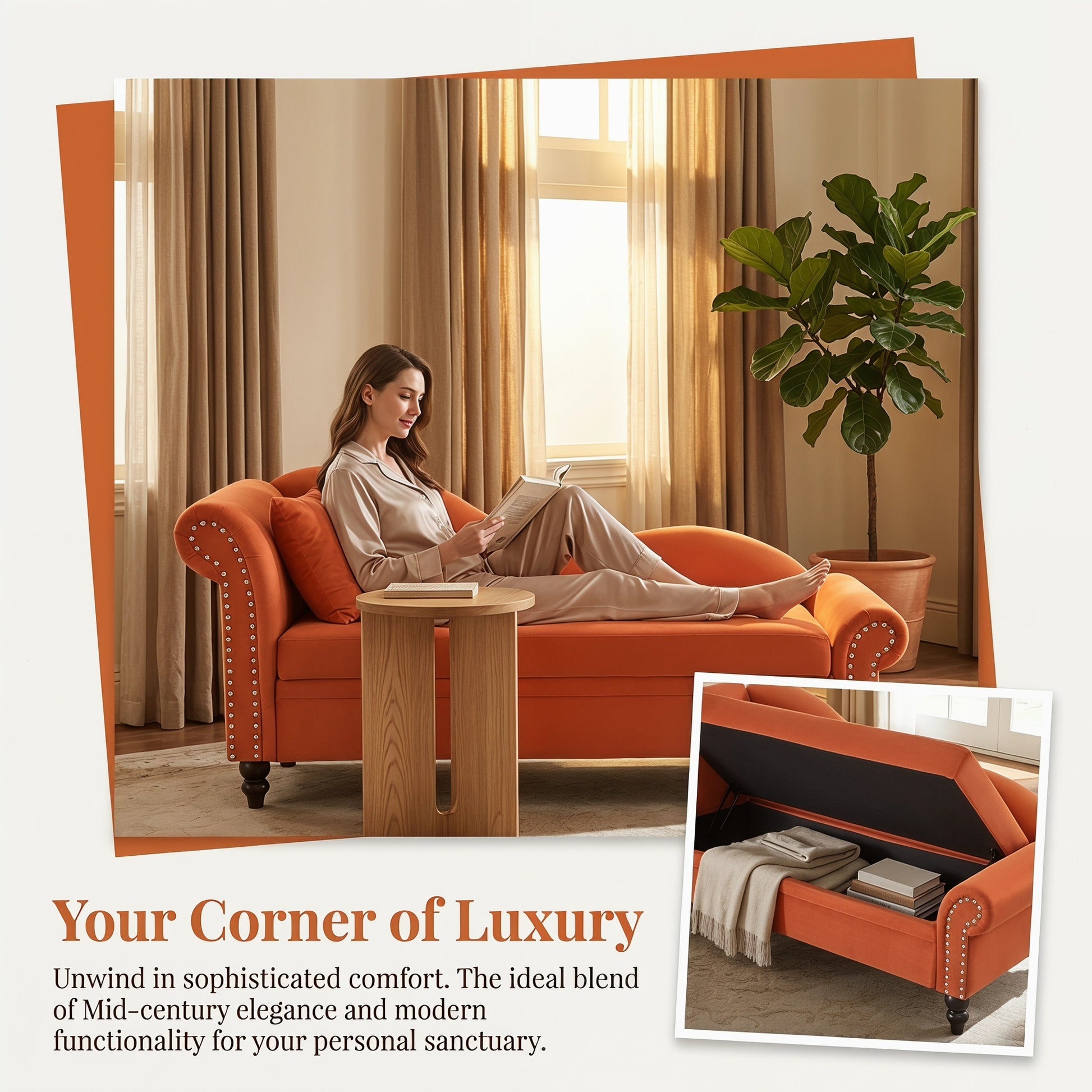 64" Modern Velvet Chaise Lounge - Orange - detail view 5
