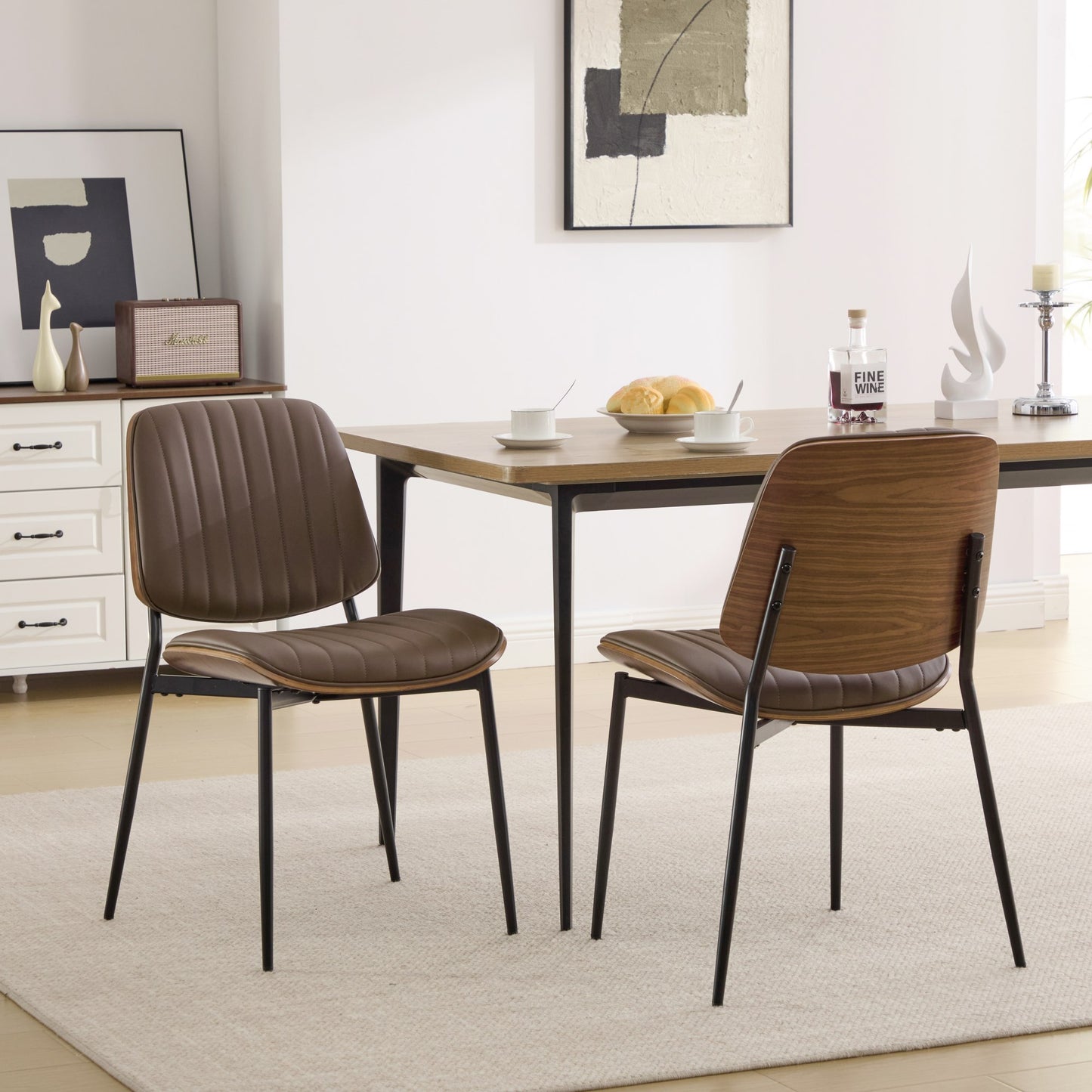 Brown PU Leather Dining Chairs with Wood Legs (Set of 2)