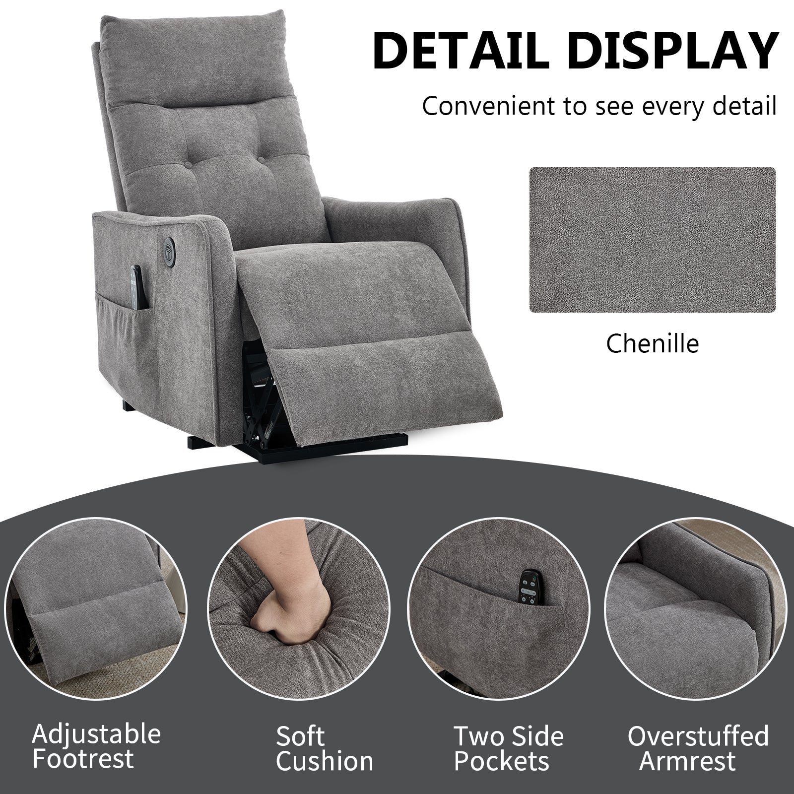 Light Grey Chenille Single Motor Power Lift Recliner Chair with Massage and Heat for Elderly - Light Gray - detail view 8