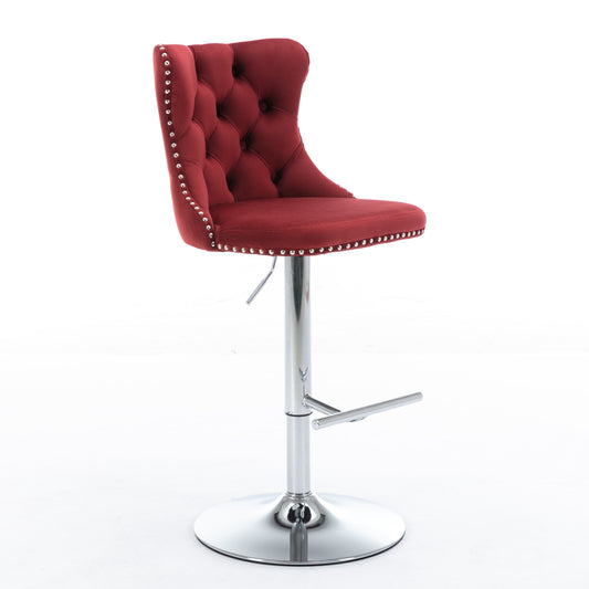 Burgundy Velvet Tufted Nailhead Trim Bar Stool with Silver Legs (Set of 2)