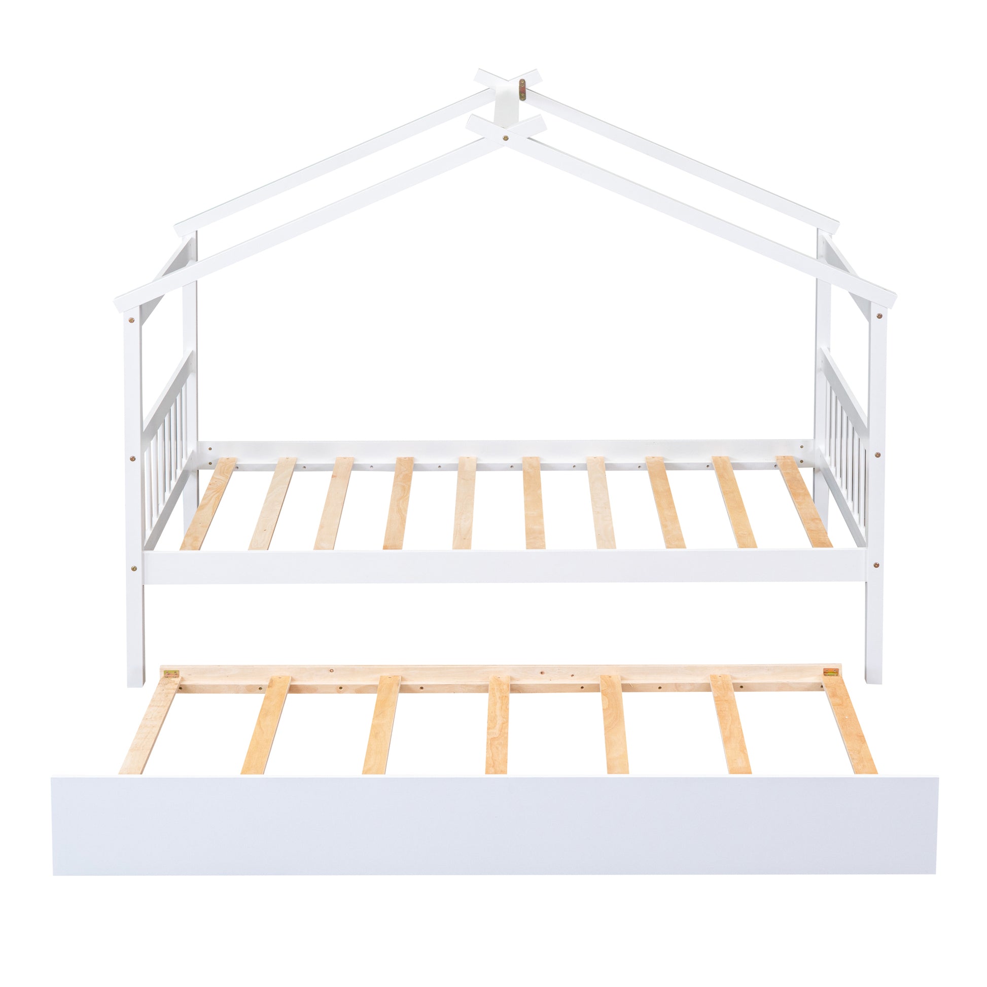 Palomar Twin Size Wooden House Bed with Twin Size Trundle, White