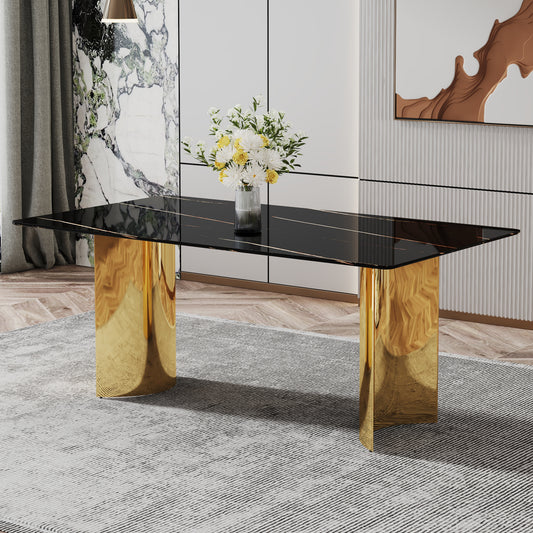 Modern Minimalist Dining Table. the Black Patterned Glass Desktop Is Equipped with Golden Metal Legs. Suitable for Restaurants & Living Rooms 71' - primary color shot