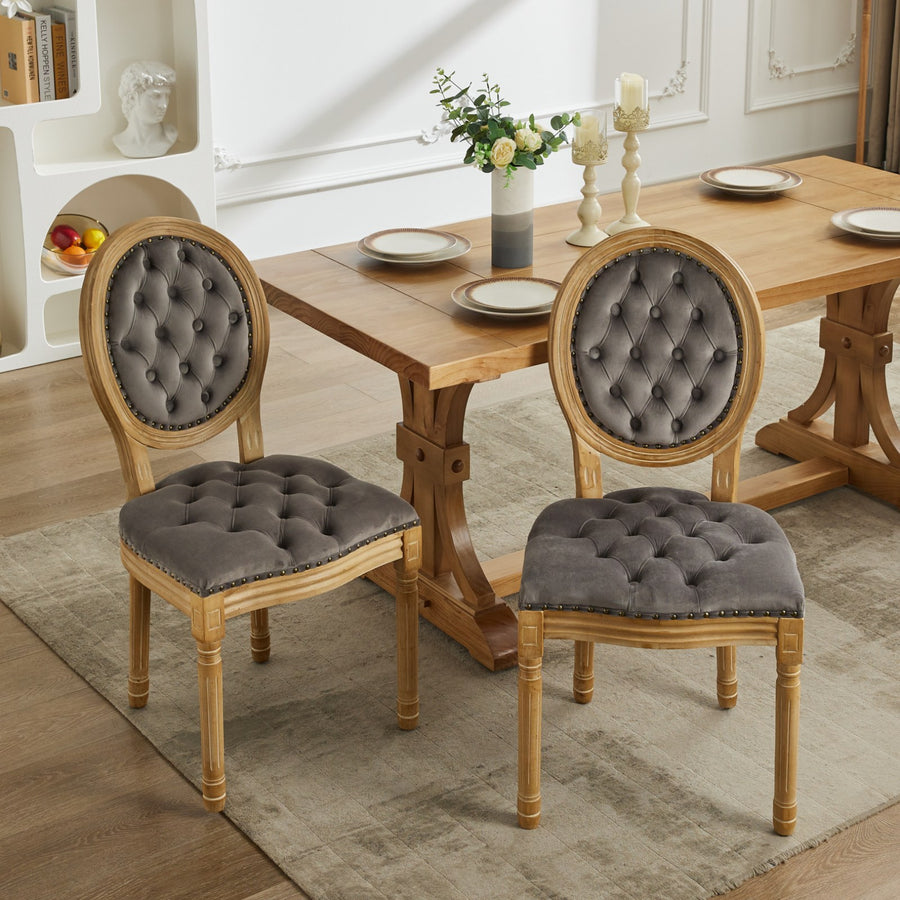 Gray Velvet Nailhead Trim Dining Chairs with Wood Legs (Set of 2)
