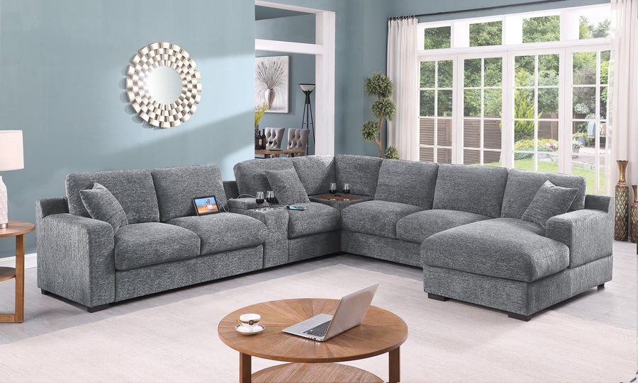 Celine 141.5' Light Gray Chenille Fabric Corner Sectional Sofa with Right-Facing Chaise, Cupholders, and Charging Ports - primary color shot