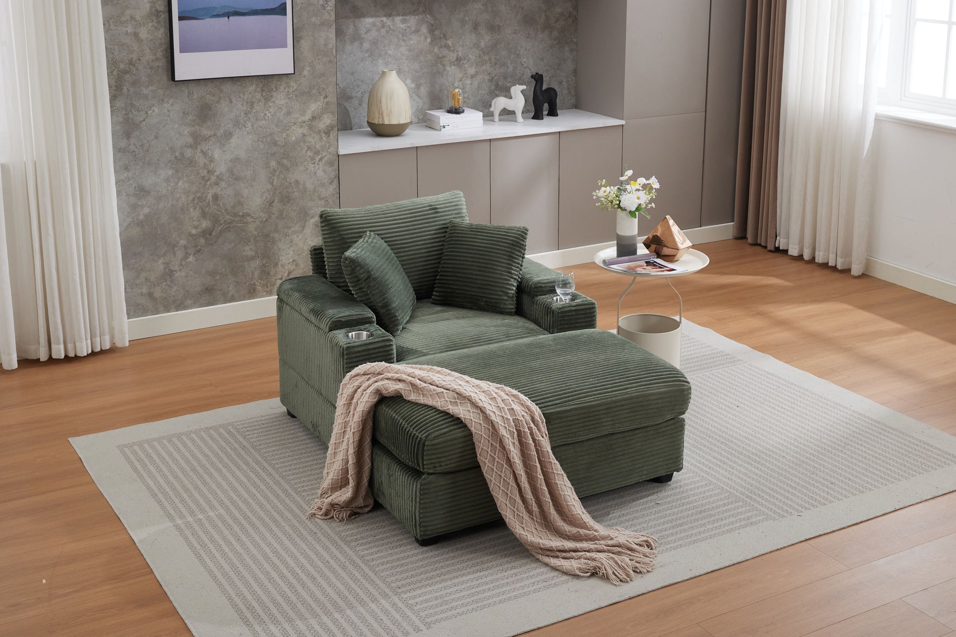 [video/new]corduroy Upholstered Chaise Lounge Sofa with Handrail Storage - Green - detail view 2