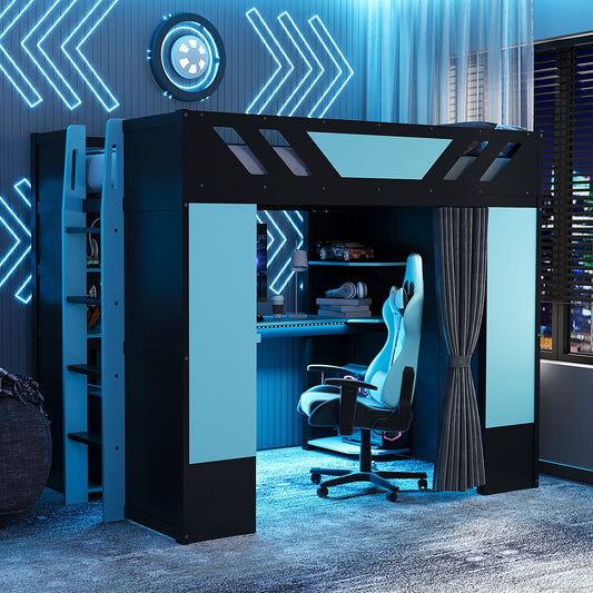 Full Size Wood Loft Bed with - Black+blue - primary color shot