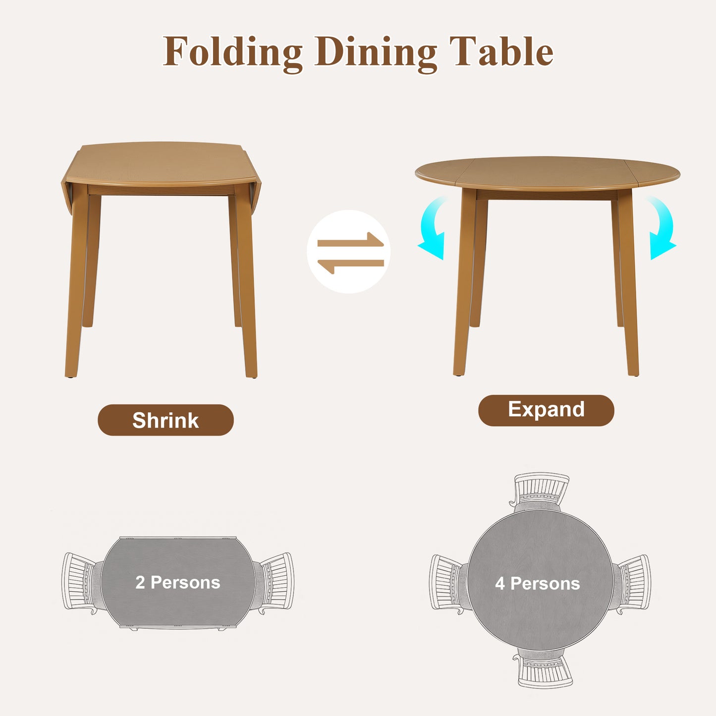 Extendable Round Dining Table for 2–4 People, Folding Wood Dining Table with Adjustable Size, Space-Saving Design for Small Apartments and Dining Areas - detail view 5