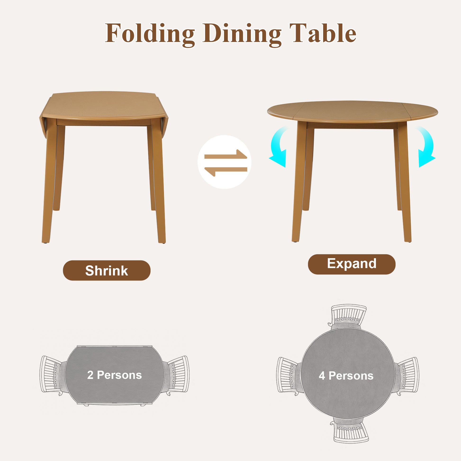 Extendable Round Dining Table for 2–4 People, Folding Wood Dining Table with Adjustable Size, Space-Saving Design for Small Apartments and Dining Areas - detail view 5