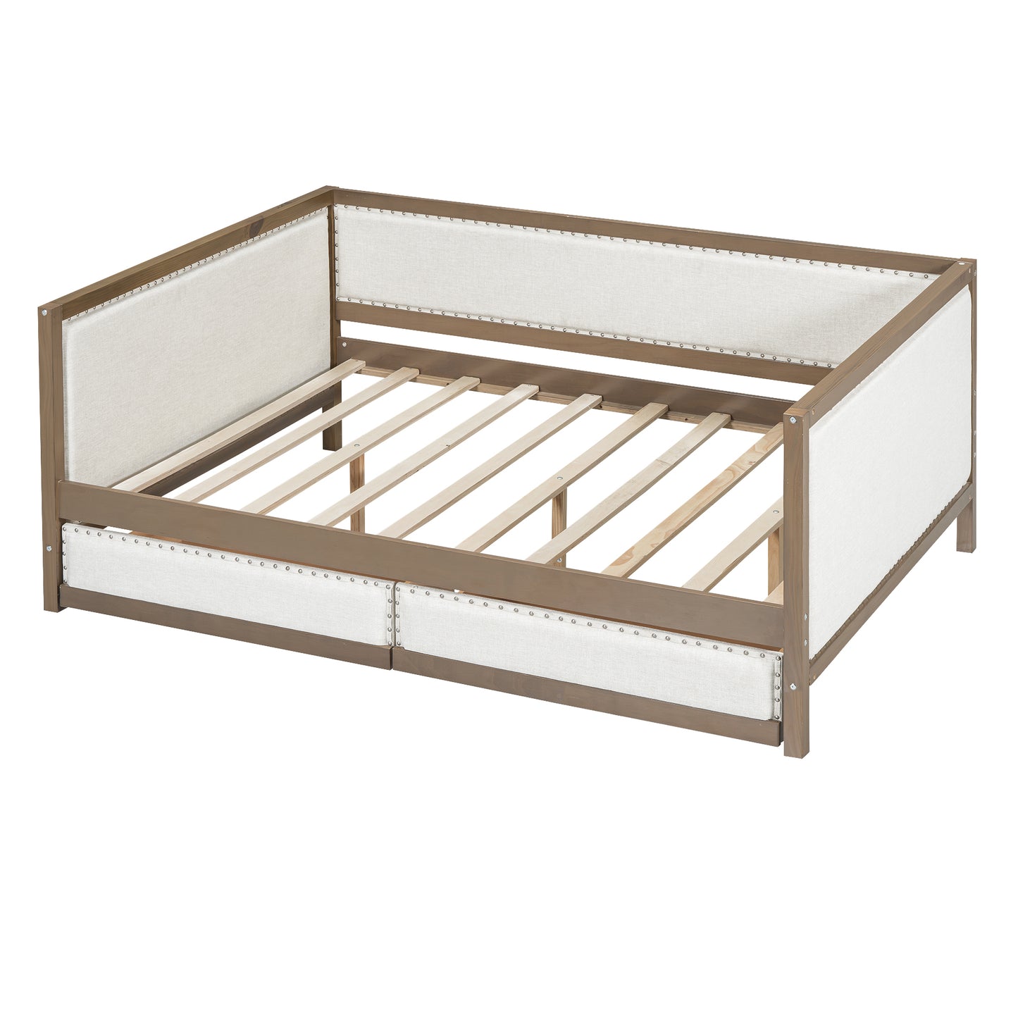 Bart Full Size Upholstered Daybed with 2 Drawers and Nailhead Decoration, Wood Color