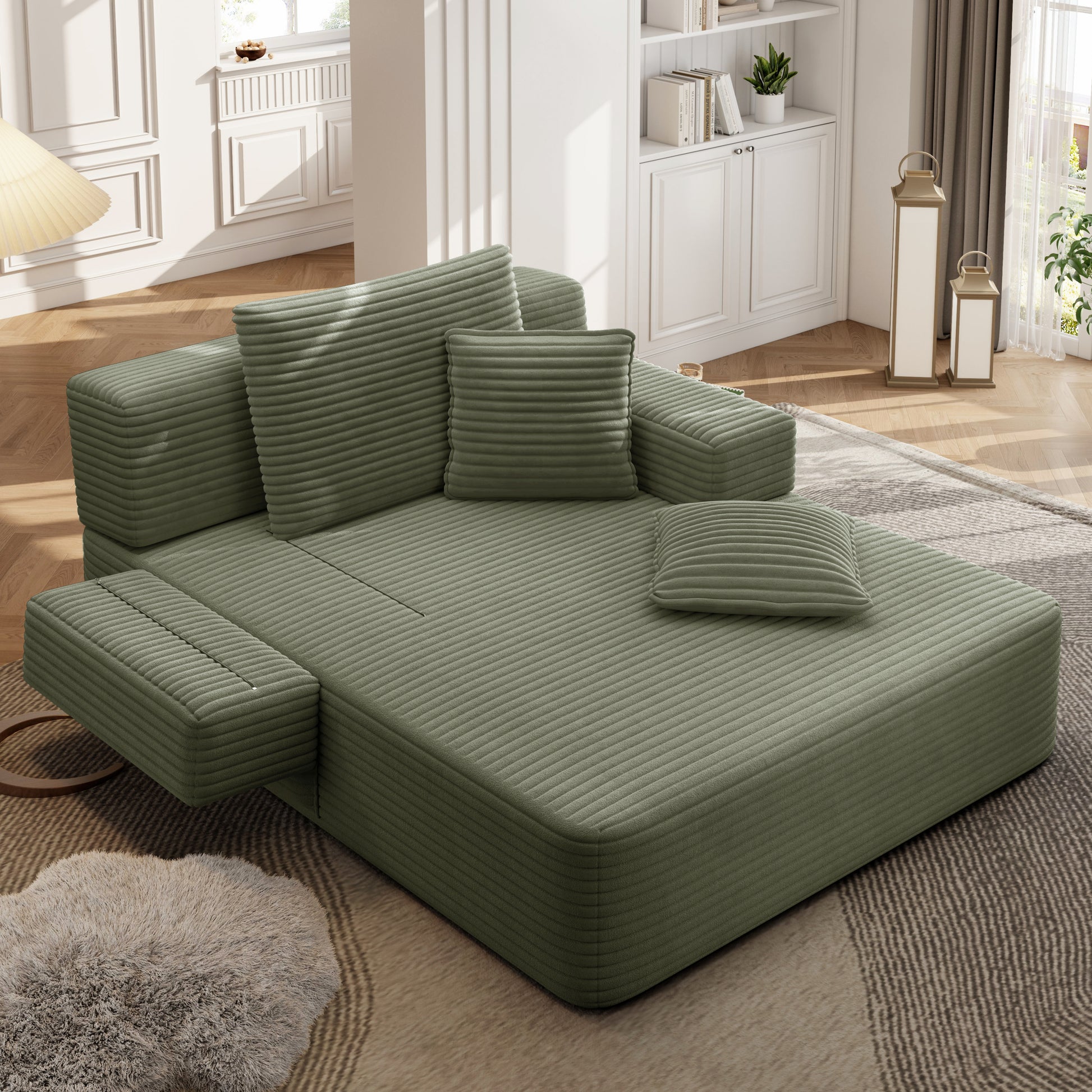 Luxurious Plush Corduroy Chaise Lounge with 3 Pillows - Green - detail view 7