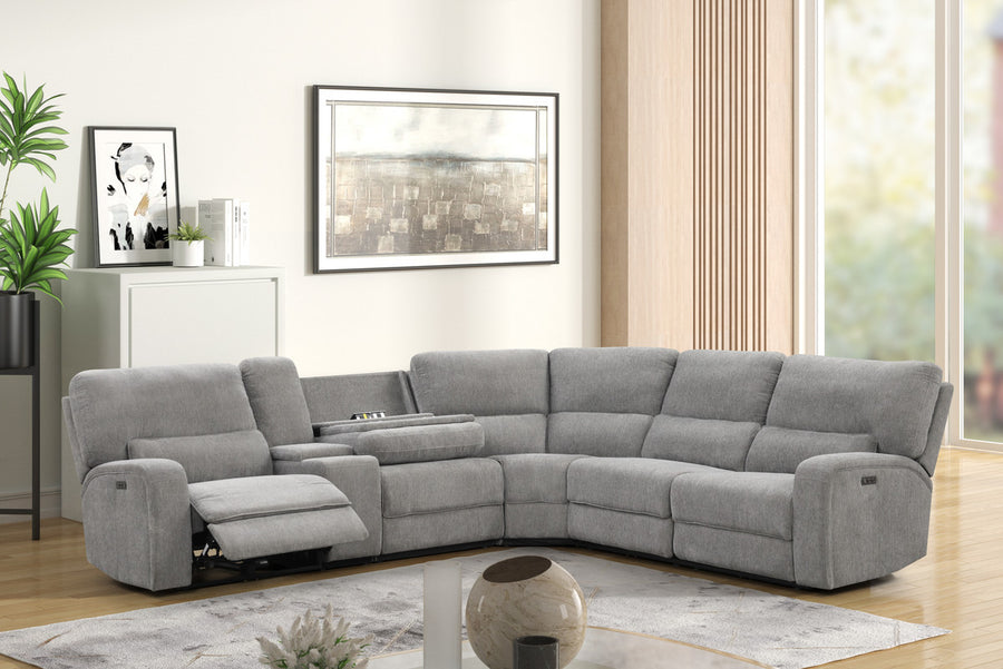 Anthony 114' Wide Light Gray Chenille Fabric Power Reclining Sectional with Power Headrest, Charging Ports, Storage, and Cupholders - detail view 2