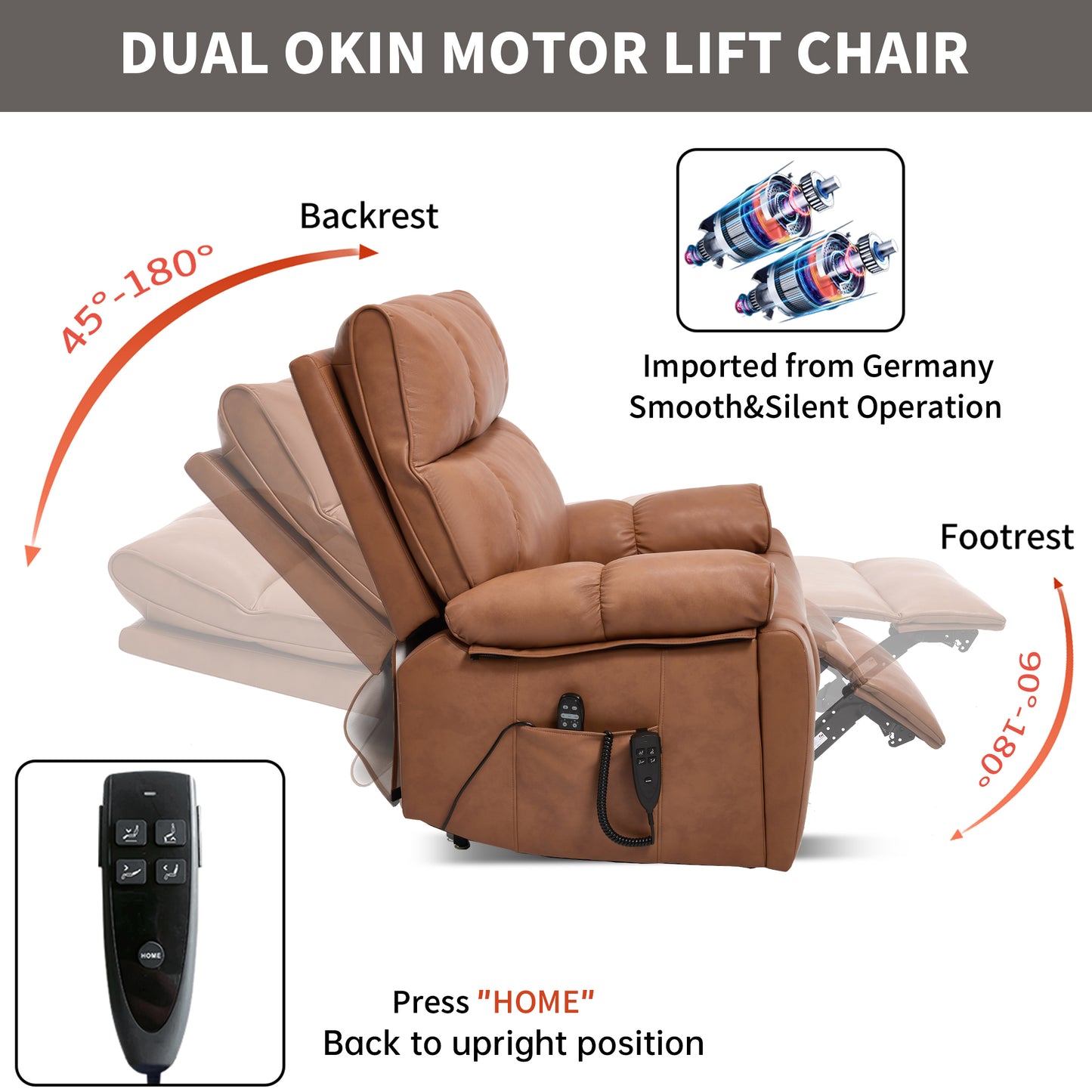 Orange Leatheraire Heat Massage Dual Motor Infinite Position Up to 350 LBS Large Electric Power Lift Recliners with Hidden Cup Holders - detail view 4