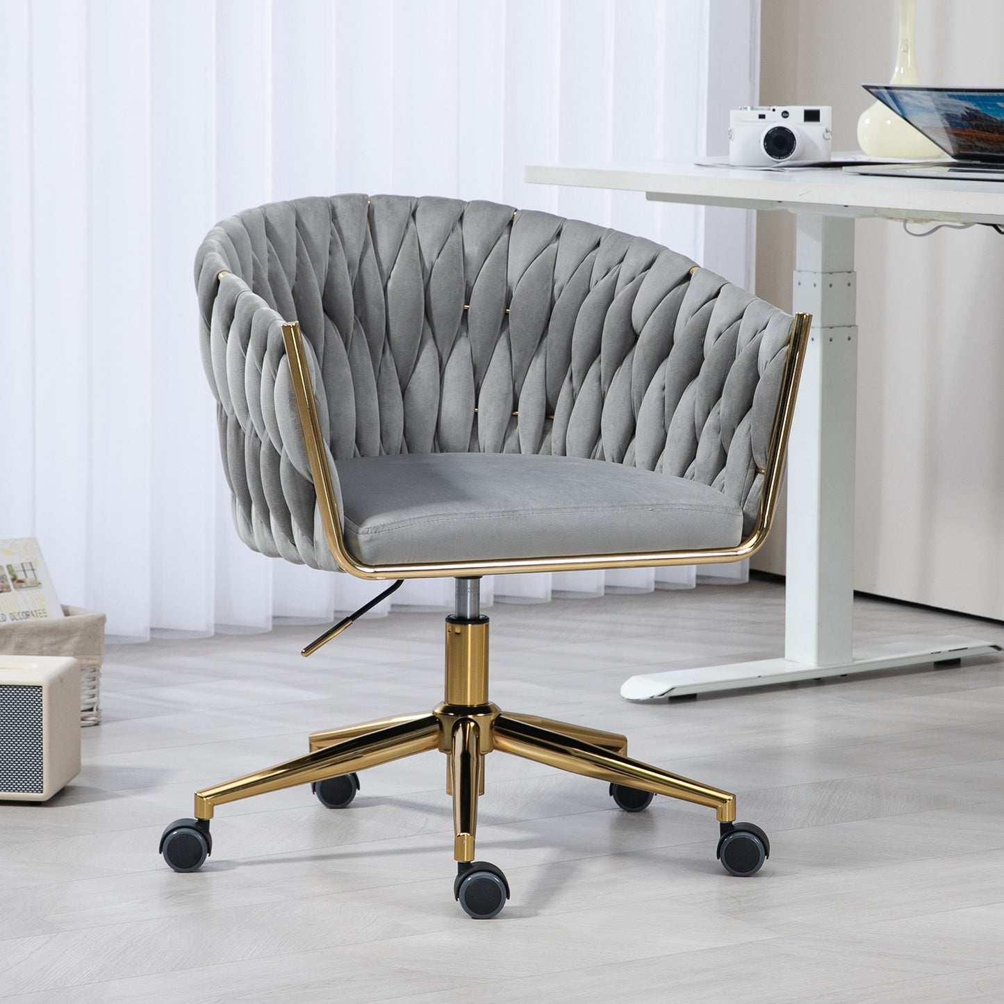 Stylish Grey Hand-Woven Backrest Office Chair with Wheels, Height Adjustable & 360° Swivel