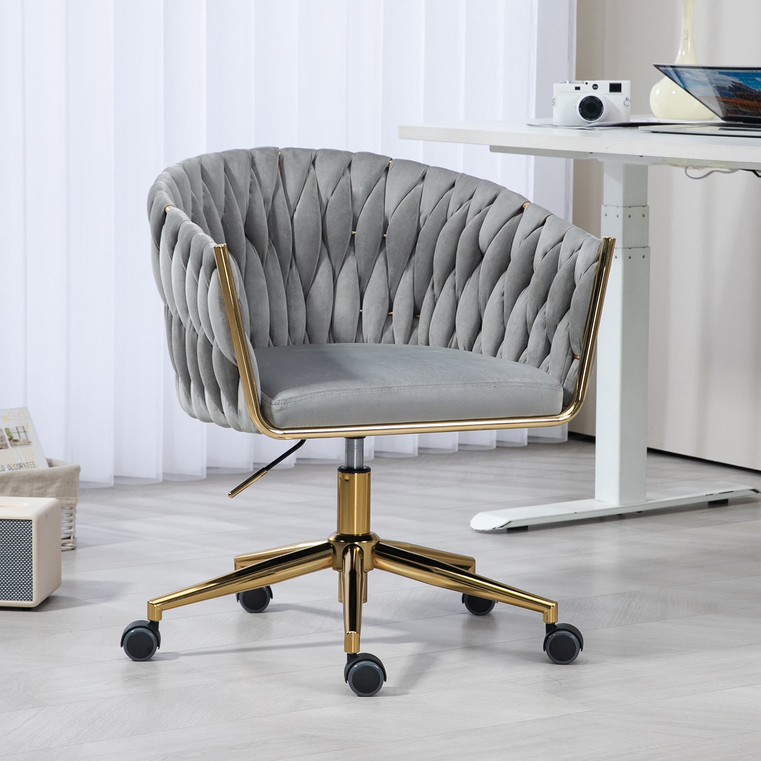Stylish Grey Hand-Woven Backrest Office Chair with Wheels, Height Adjustable & 360° Swivel