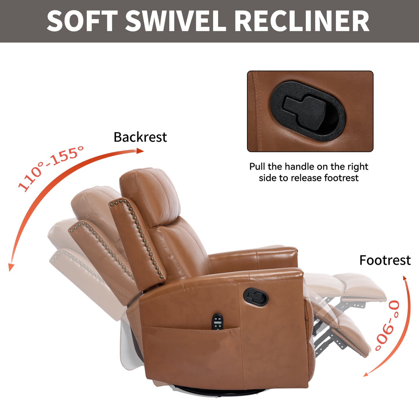 Deep Yellow Genuine Leather Heat Massage Manual Recliner Chair with Rocker and Swivel - detail view 7