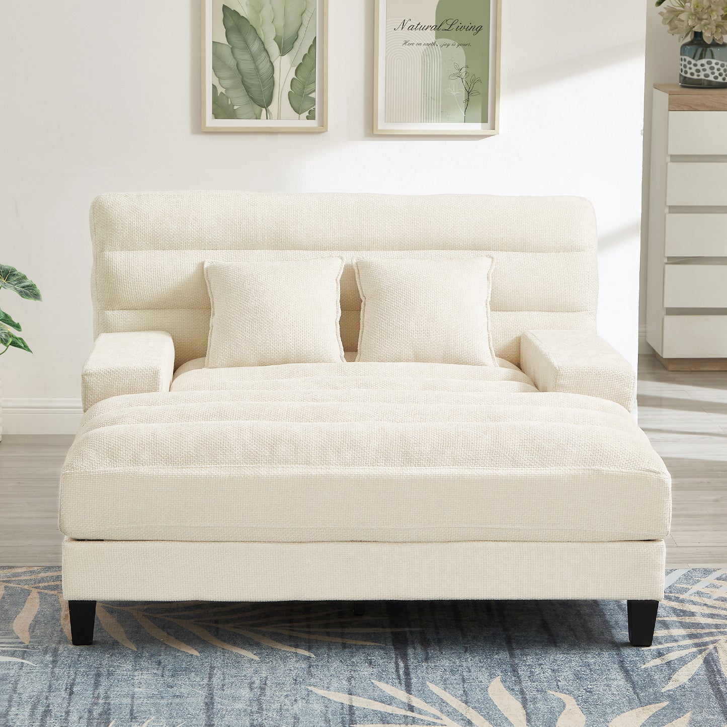 Modern Chaise Lounge Sofa 57.1' Sofa Bed Chenille Upholstered Lounge Sofa Chair with Adjustable Backrest & LED Light Strip - Beige - detail view 5