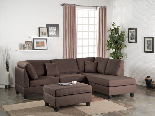 Chocolate Color 3pcs Sectional Living Room Furniture Reversible Chaise Sofa And Ottoman Polyfiber Linen Like Fabric Cushion Couch - primary color shot