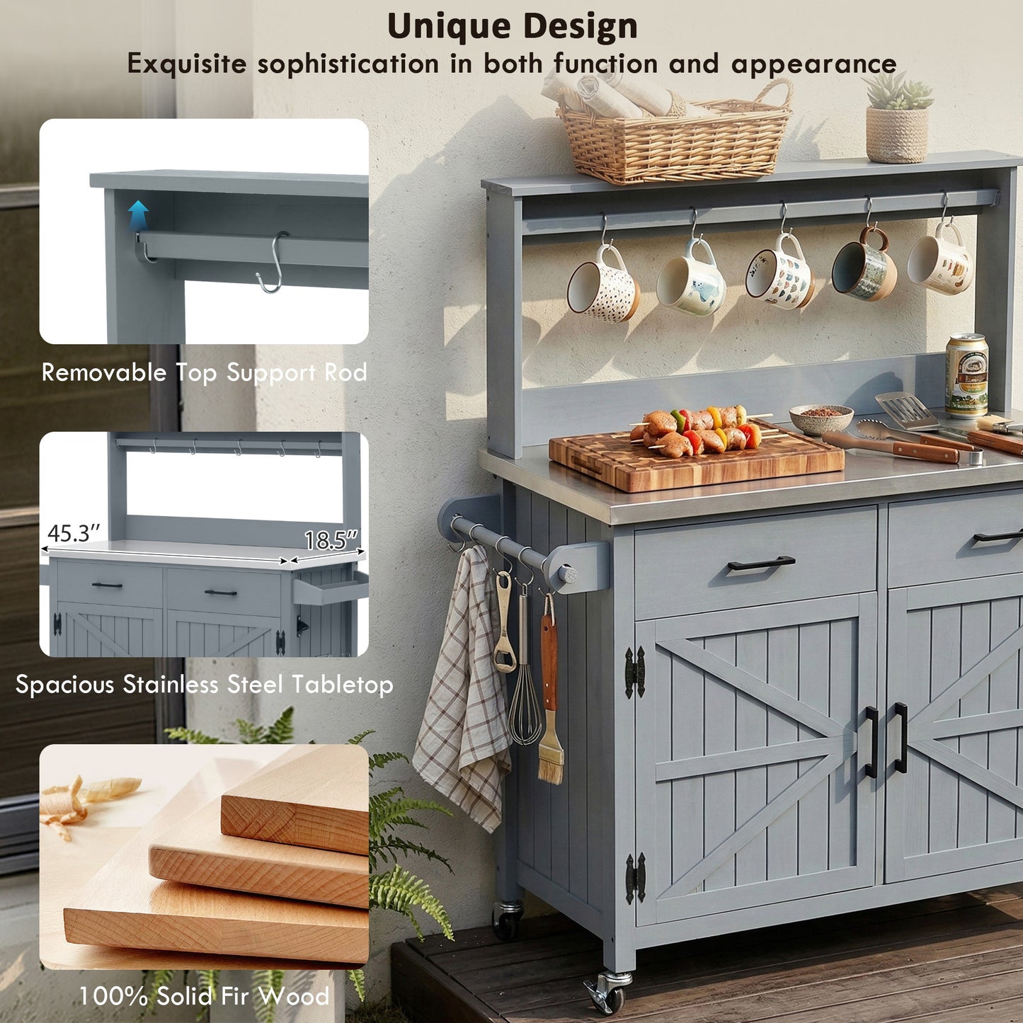 K&k 54.1' Outdoor Kitchen Island with High Shelf - Grey & Blue - detail view 4