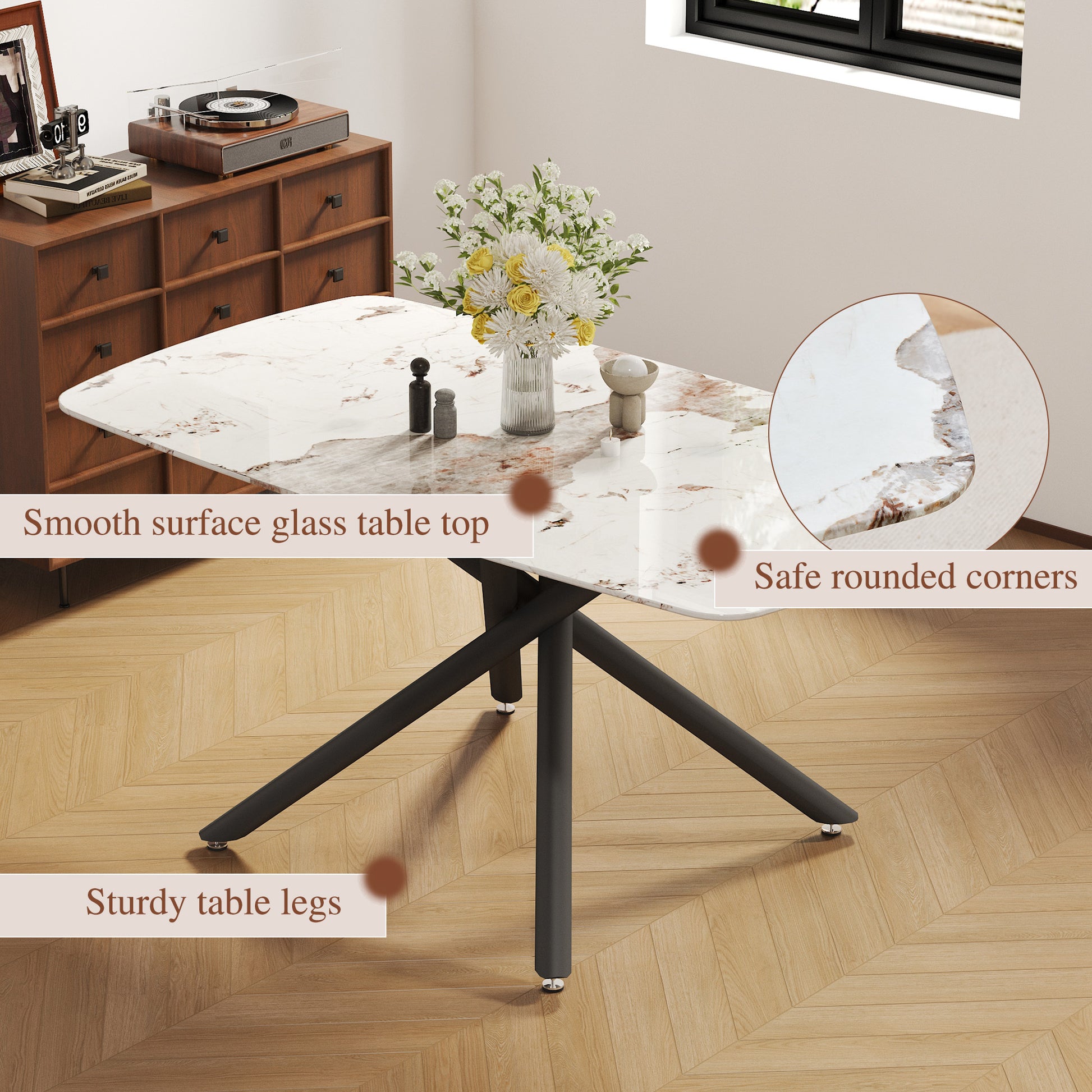 63" Luxurious White Marble-Patterned Tempered Glass Dining Table.single Fork Black Metal Table Legs.tempered Glass Table Top - detail view 5