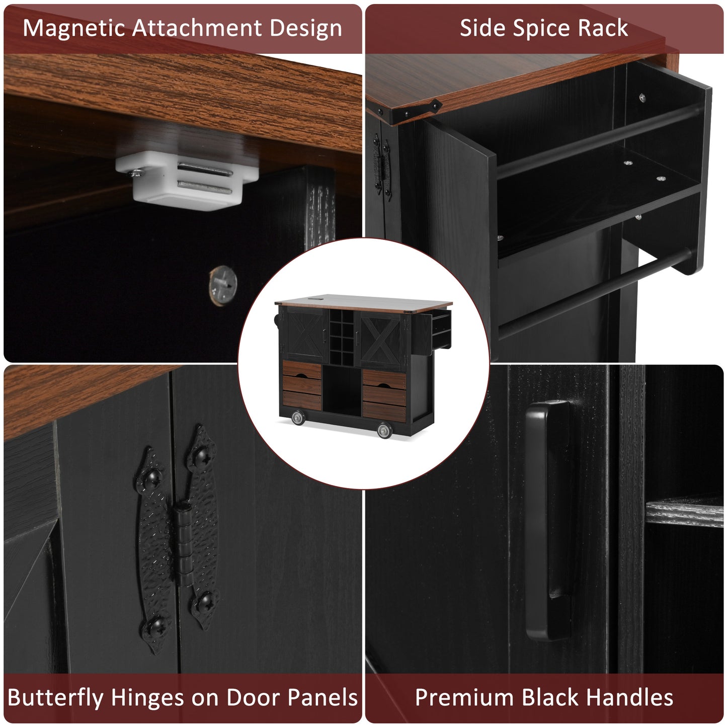 K&k 54' Farmhouse Kitchen Island with Drop Leaf - Black - detail view 8