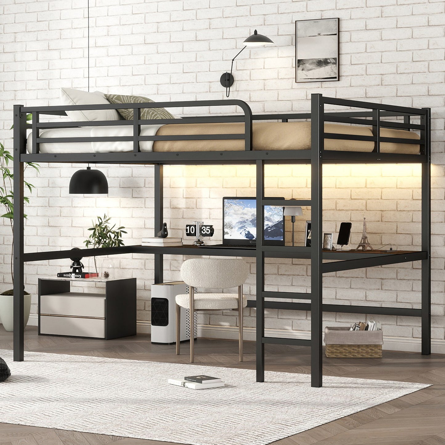 Metal Queen Size Loft Bed with Power Outlet and LED Lighted - Black - detail view 3