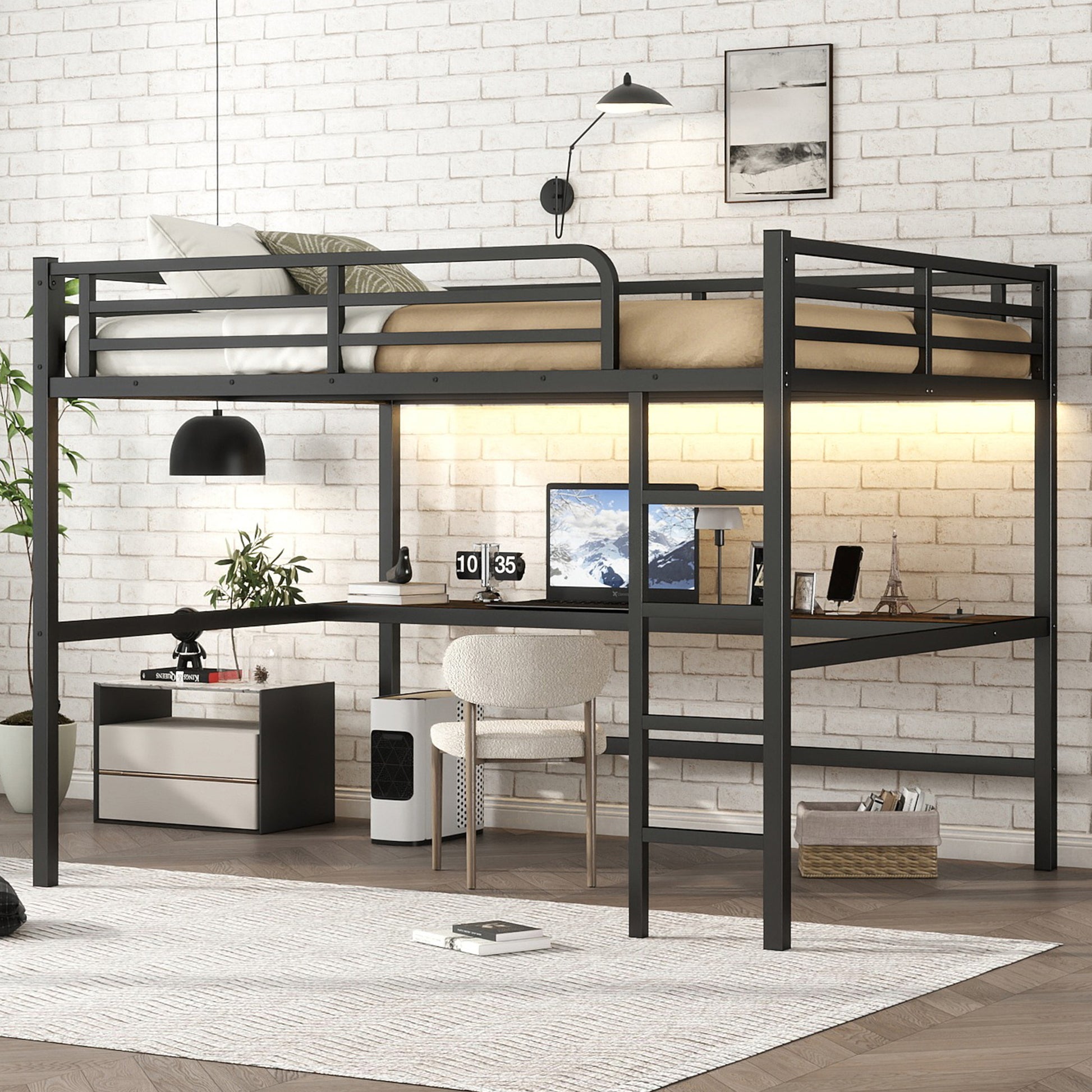 Metal Queen Size Loft Bed with Power Outlet and LED Lighted - Black - detail view 3