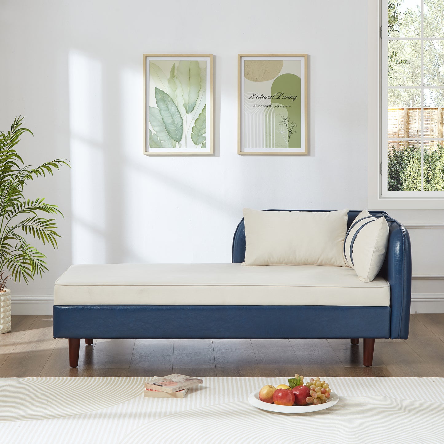 65" Storage Chaise Lounge Sofa Navy Blue PU & Beige Velvet - detail view 2