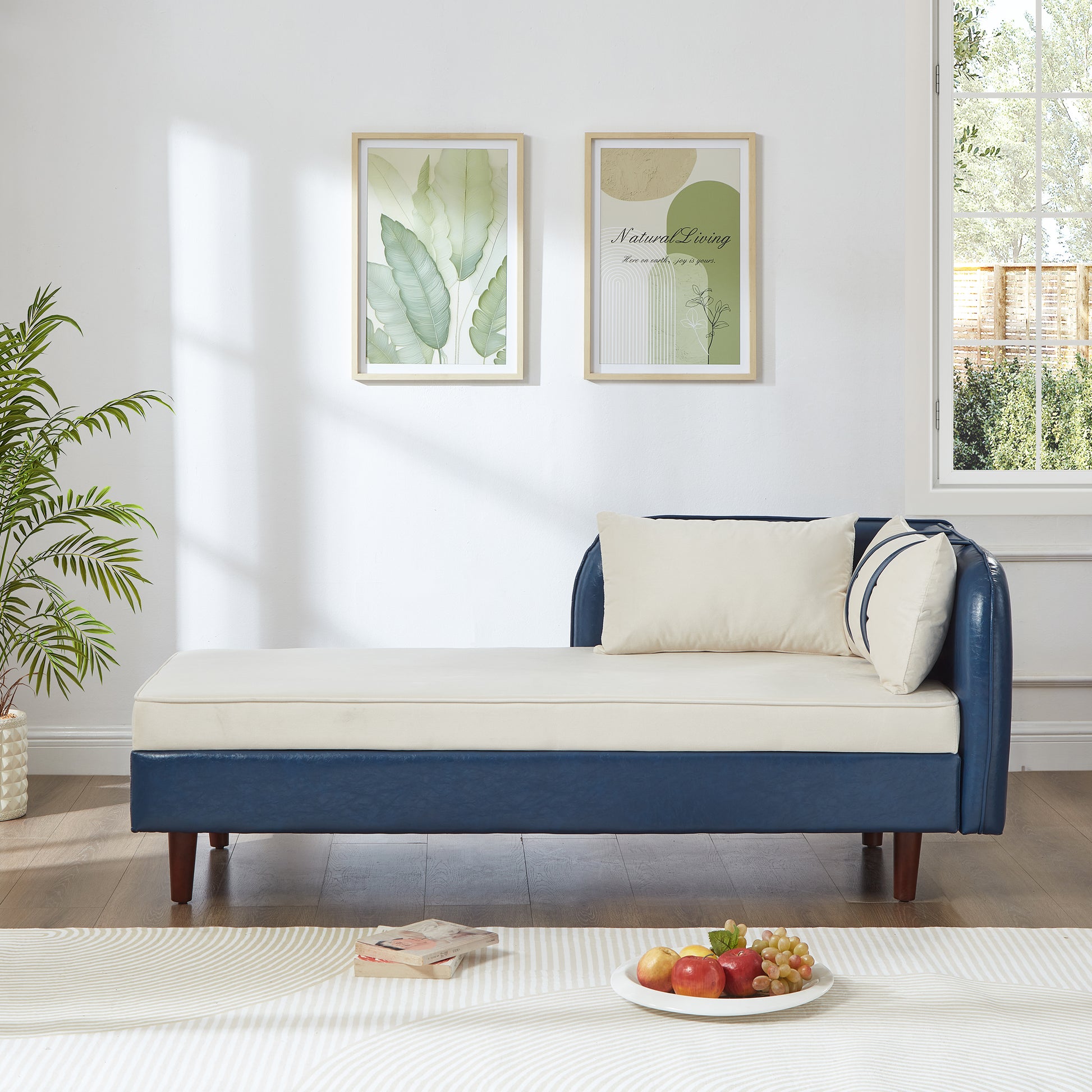 65" Storage Chaise Lounge Sofa Navy Blue PU & Beige Velvet - detail view 2