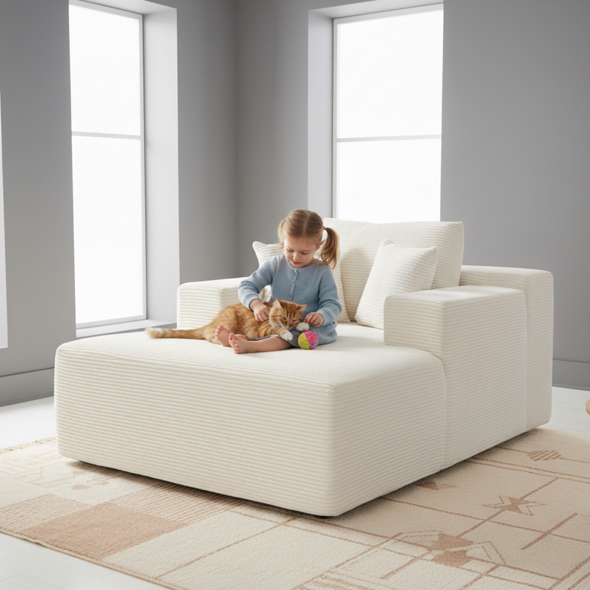 Convertible Chaise Lounge Chair Indoor – Oversized Corduroy Couch with Wide Armrest & Throw Pillows - Beige - detail view 7