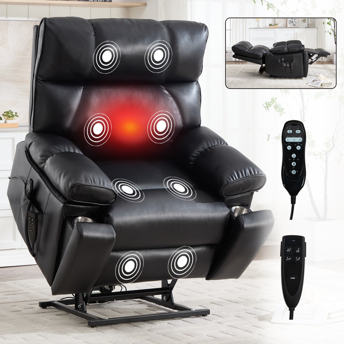 Black Leatheraire Heat Massage Dual Motor Infinite Position Up to 350 LBS Large Electric Power Lift Recliners with Hidden Cup Holders - primary color shot