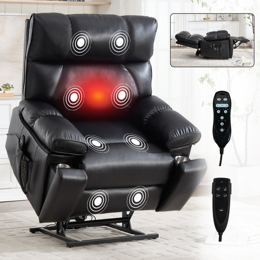 Black Leatheraire Heat Massage Dual Motor Infinite Position Up to 350 LBS Large Electric Power Lift Recliners with Hidden Cup Holders - primary color shot
