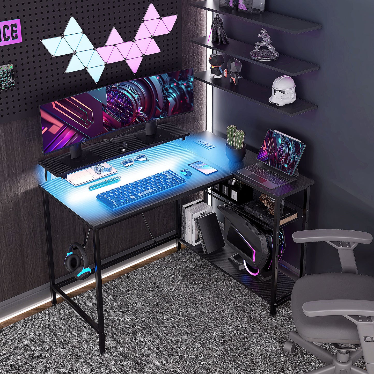 Wynn 42" L Shaped Desk with LED Lights, Power Outlet, USB Charging Ports, Black