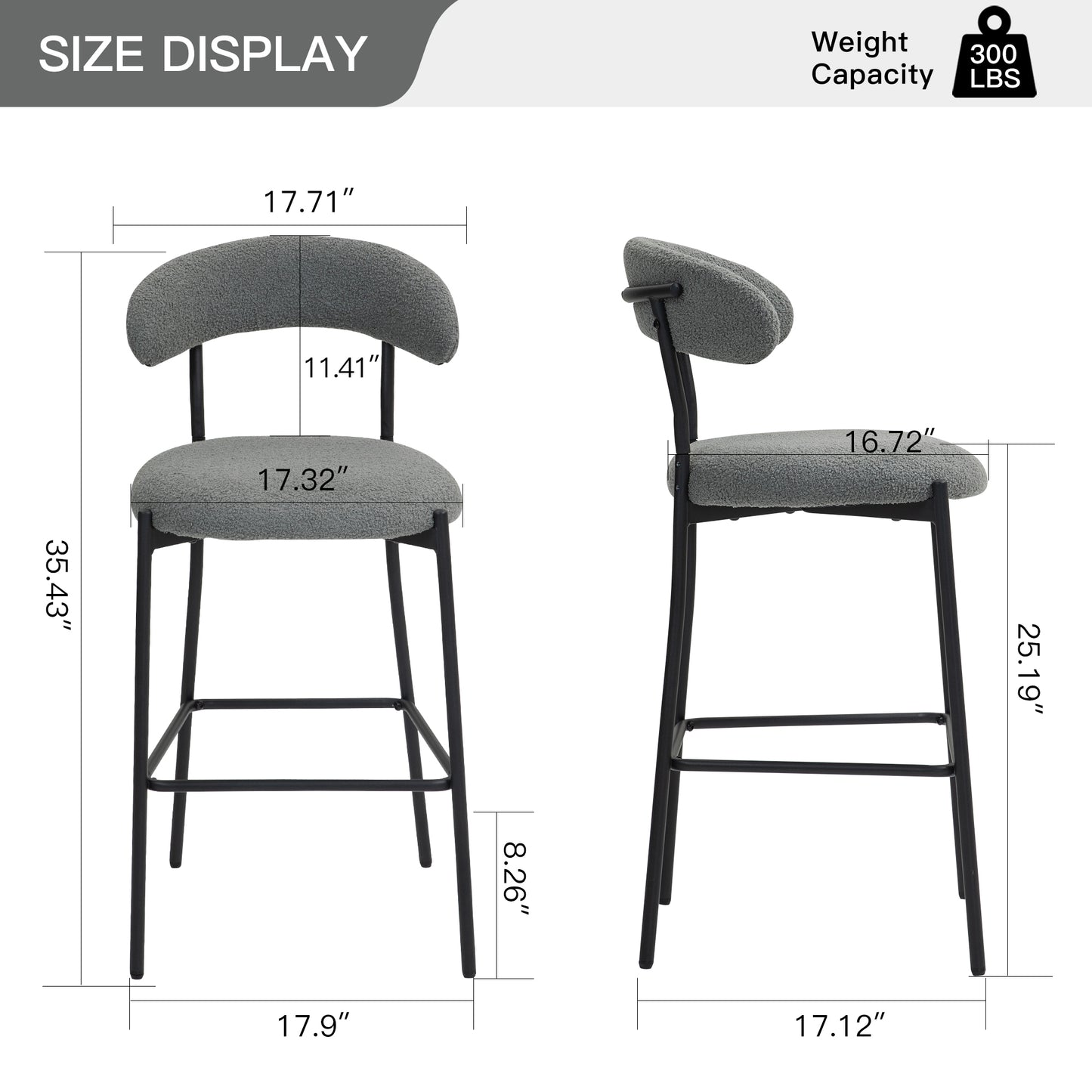 Modern Grey Teddy Fabric 26" Counter Height Bar Stool with Black Powder-Coated Base Set of 2 Grey