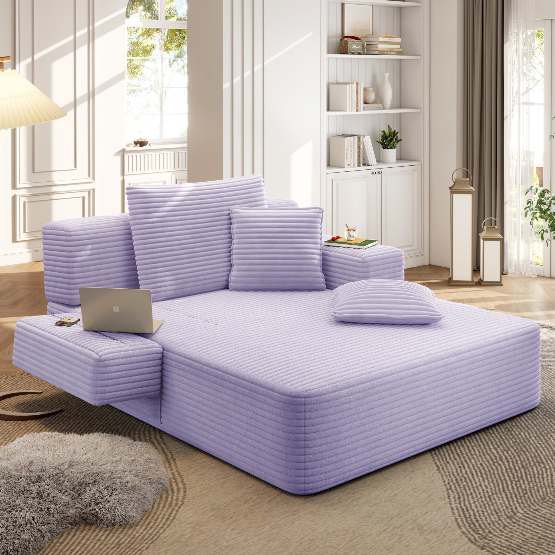 Luxurious Plush Corduroy Chaise Lounge with 3 Pillows - Purple - detail view 7